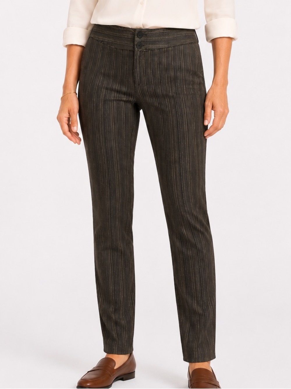 Chico’s Design Size 0 Gold Brown Pinstripe Slim Straight Career Pants Stretch